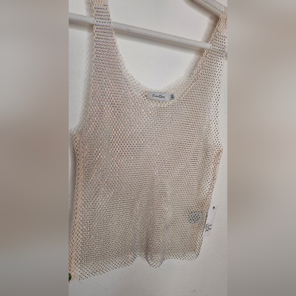Faded Rose Mesh And Rhinestone Cream Tank Top - Size Medium - Picture 7 of 16